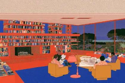 Evening Reading Room — speculative AI-generated University of El Segundo artwork, variation 2 of 4