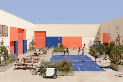 Lunch Break at the Loading Court — speculative AI-generated IndustryNext artwork, variation 1 of 4
