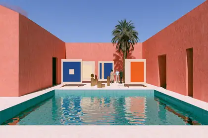 The Pattern Courtyard — speculative AI-generated Nouns Money artwork, variation 2 of 4