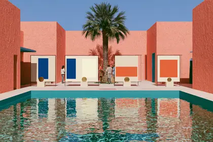 The Pattern Courtyard — speculative AI-generated Nouns Money artwork, variation 3 of 4