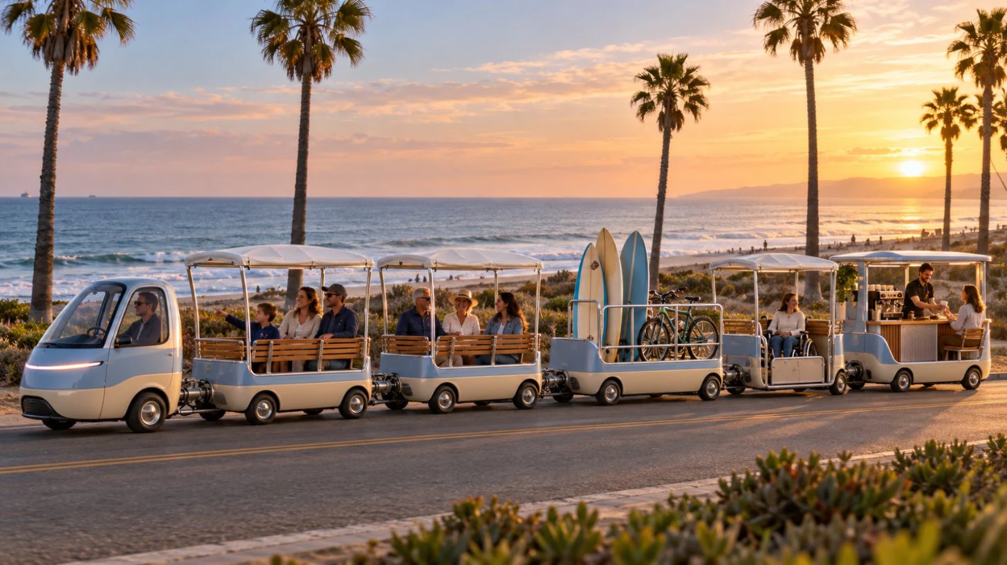 Six coupled blue-and-cream Segundo Line pods carry riders, surfboards, bikes and a coffee counter along a palm-lined beach road at sunset.