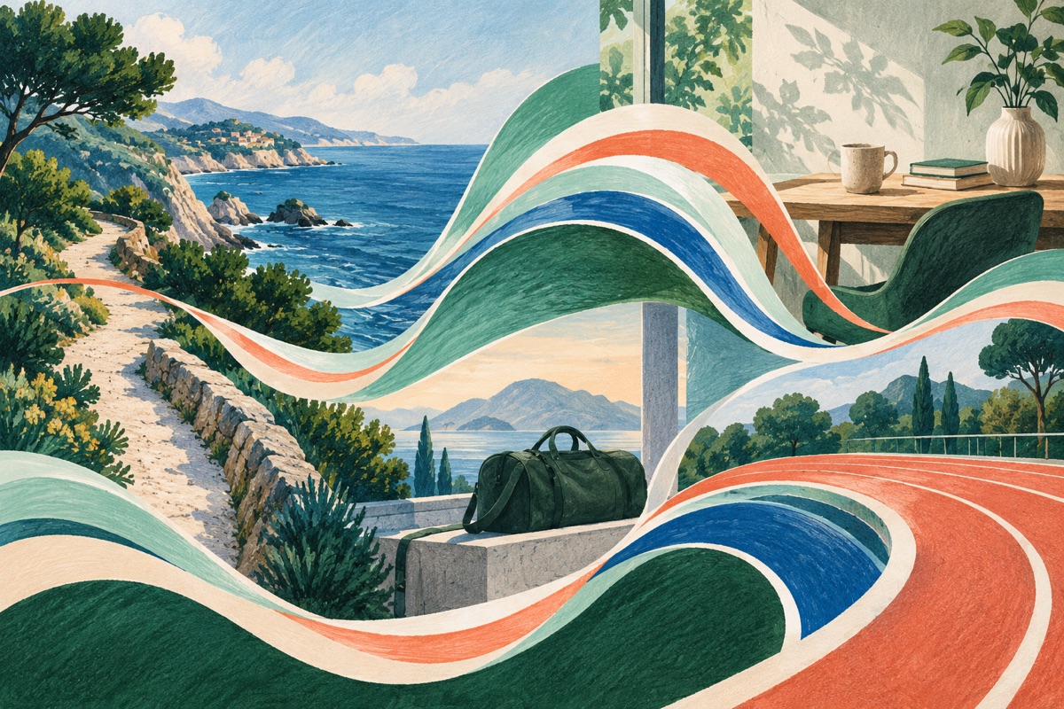 Original illustration of musical ribbons connecting a coastal walk, travel bag, desk and running track.