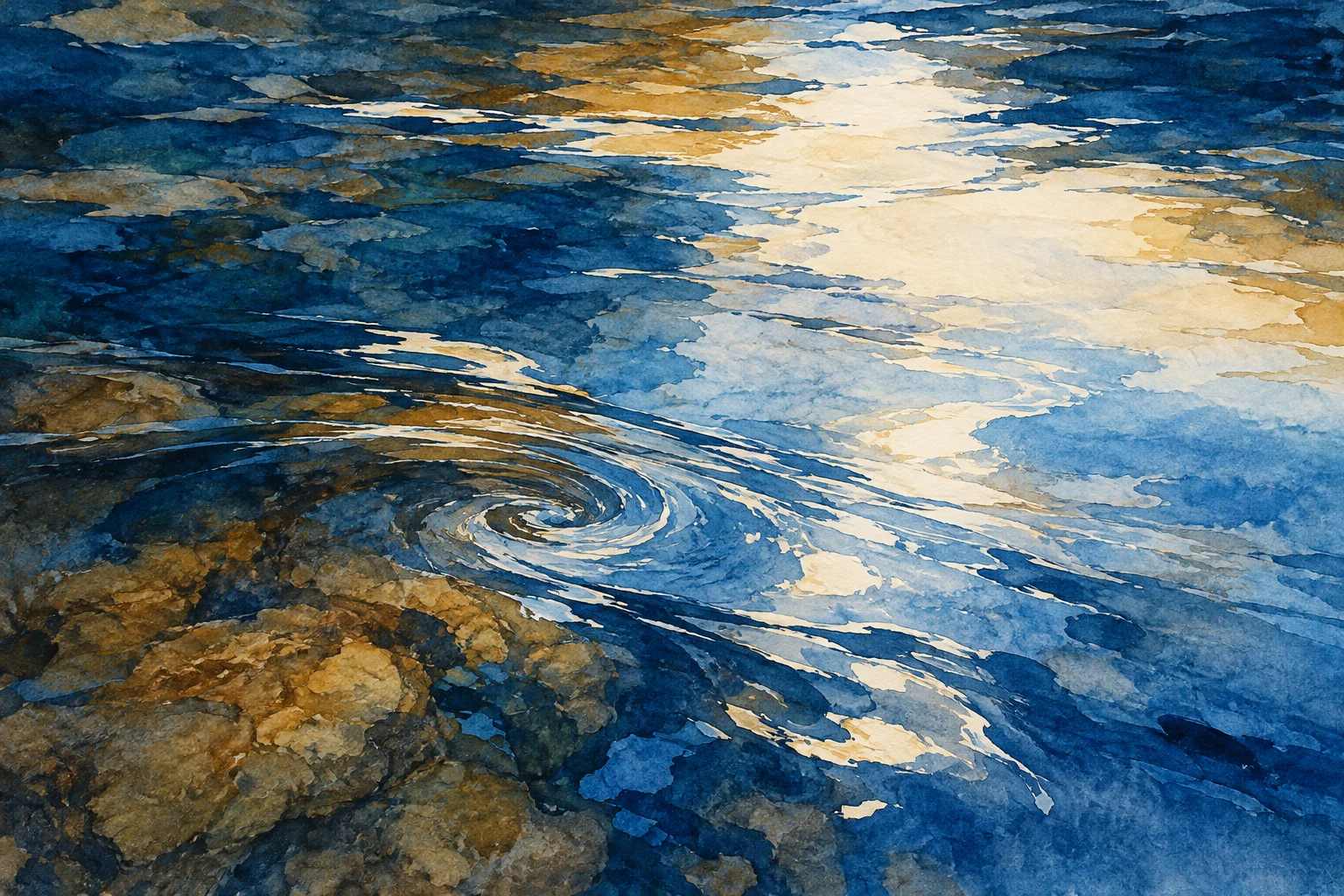Original blue and amber pigment-print study of a river eddy and broken reflected light