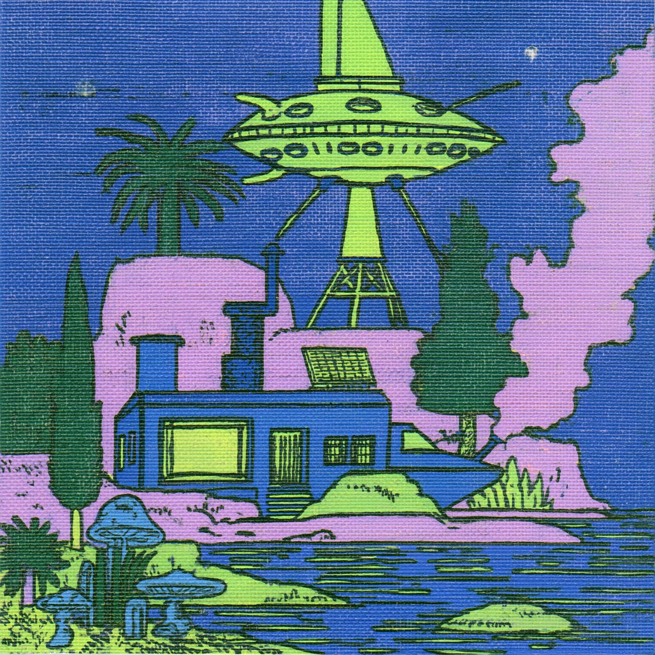 A lime-green spacecraft hovers above a blue house, pink clouds, cypress trees and mushrooms beside a river.
