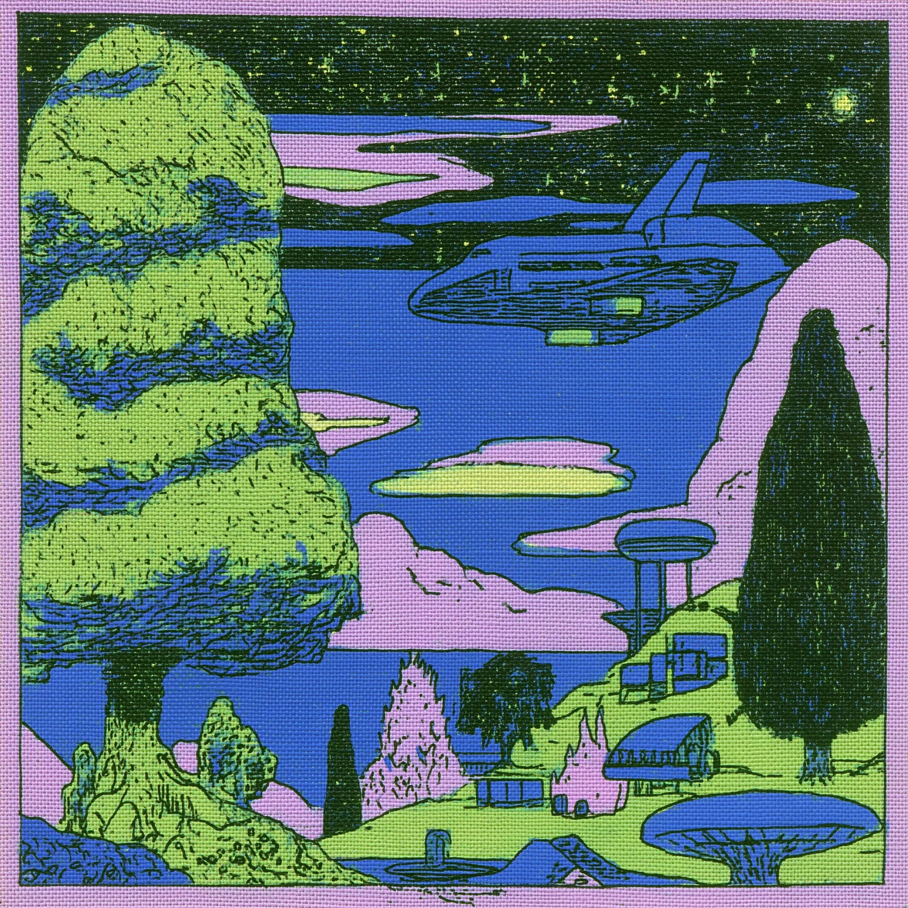 A blue spacecraft glides through a starry sky above tall lime-green trees, pink clouds and a hillside village.