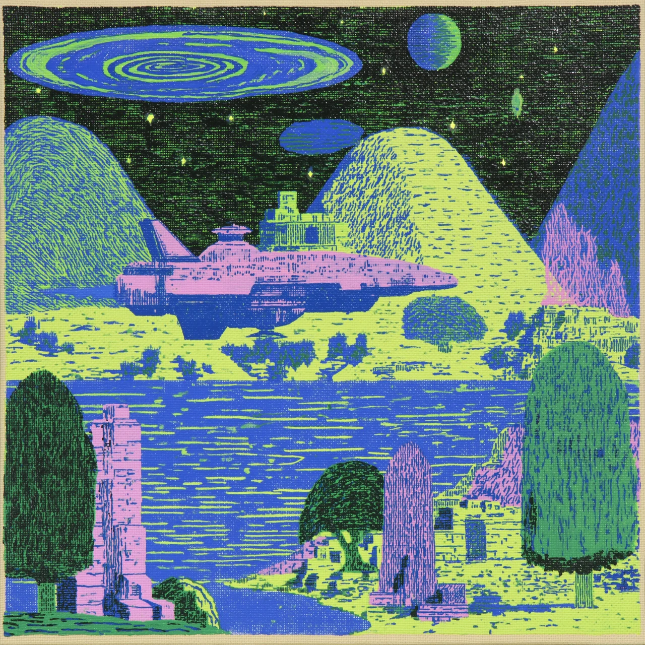 A pink spacecraft crosses a river valley beneath a spiral galaxy, with lime-green hills and blue and pink trees.