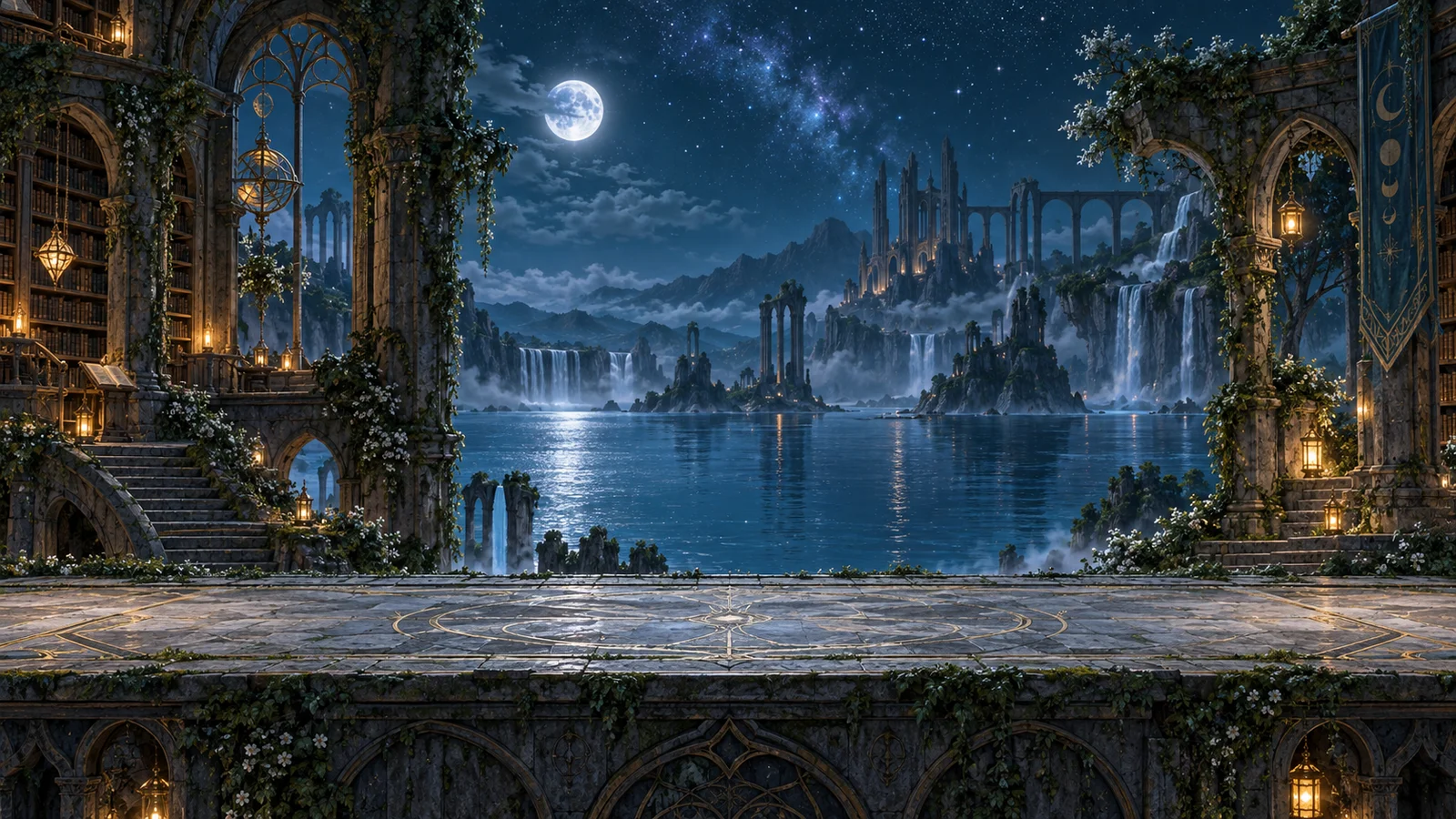 Spellframe’s moonlit arena beside a lake, waterfalls and the ruins of an old library
