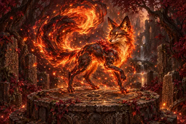 Cinderfox, a spirited orange fox carrying a blade through the moonlit library
