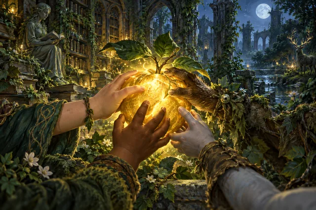 Shared Harvest — original First Light card illustration