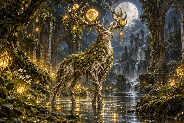 Moonroot Stag — original First Light card illustration