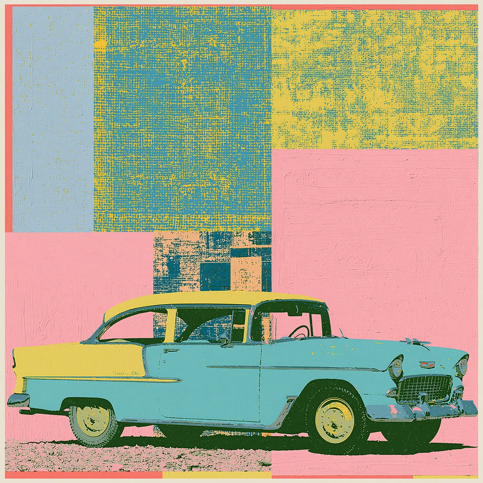 Graphic painting of a turquoise and yellow classic car against an exuberant pink, yellow, and green field