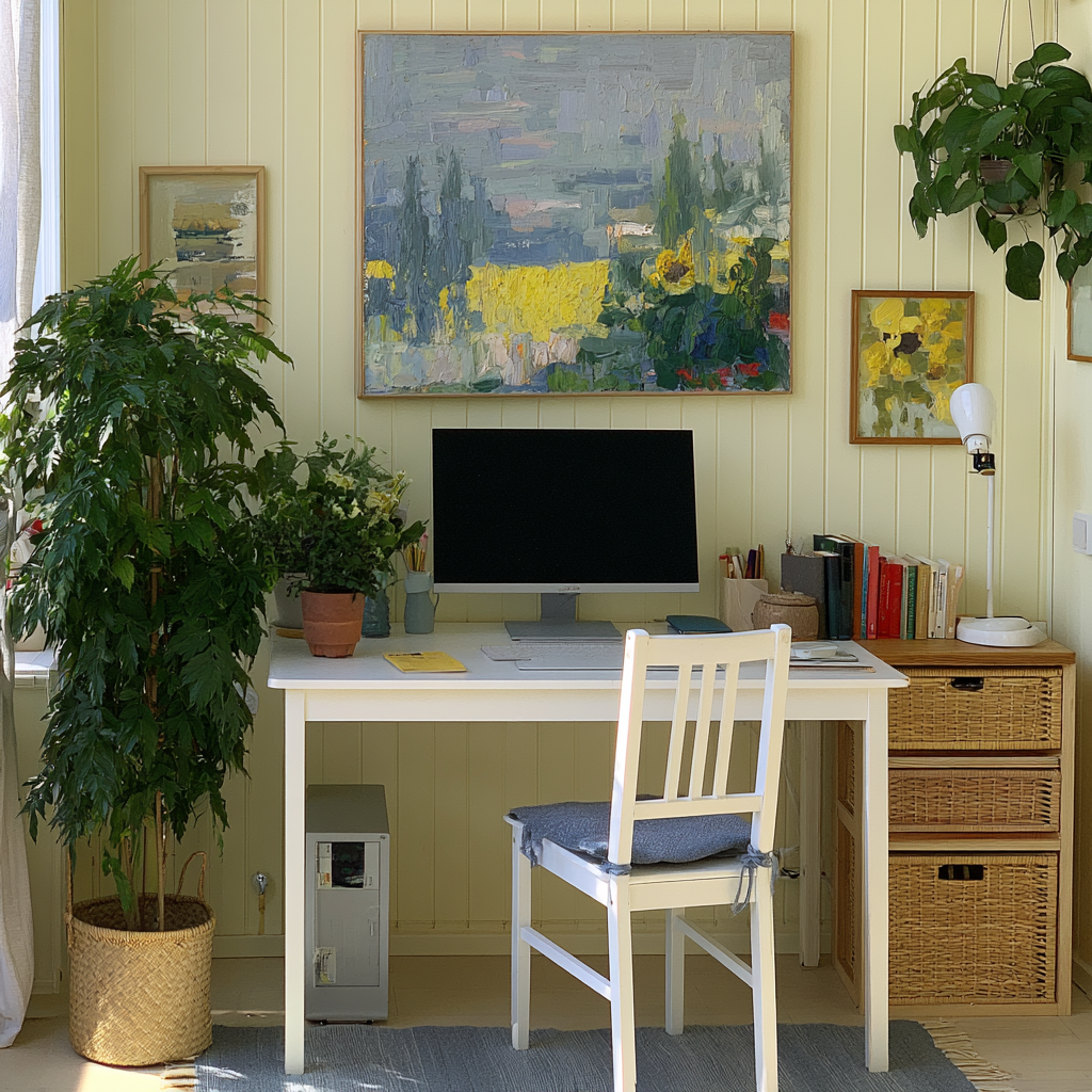 Midjourney study of an empty, plant-filled home office with a black monitor and paintings