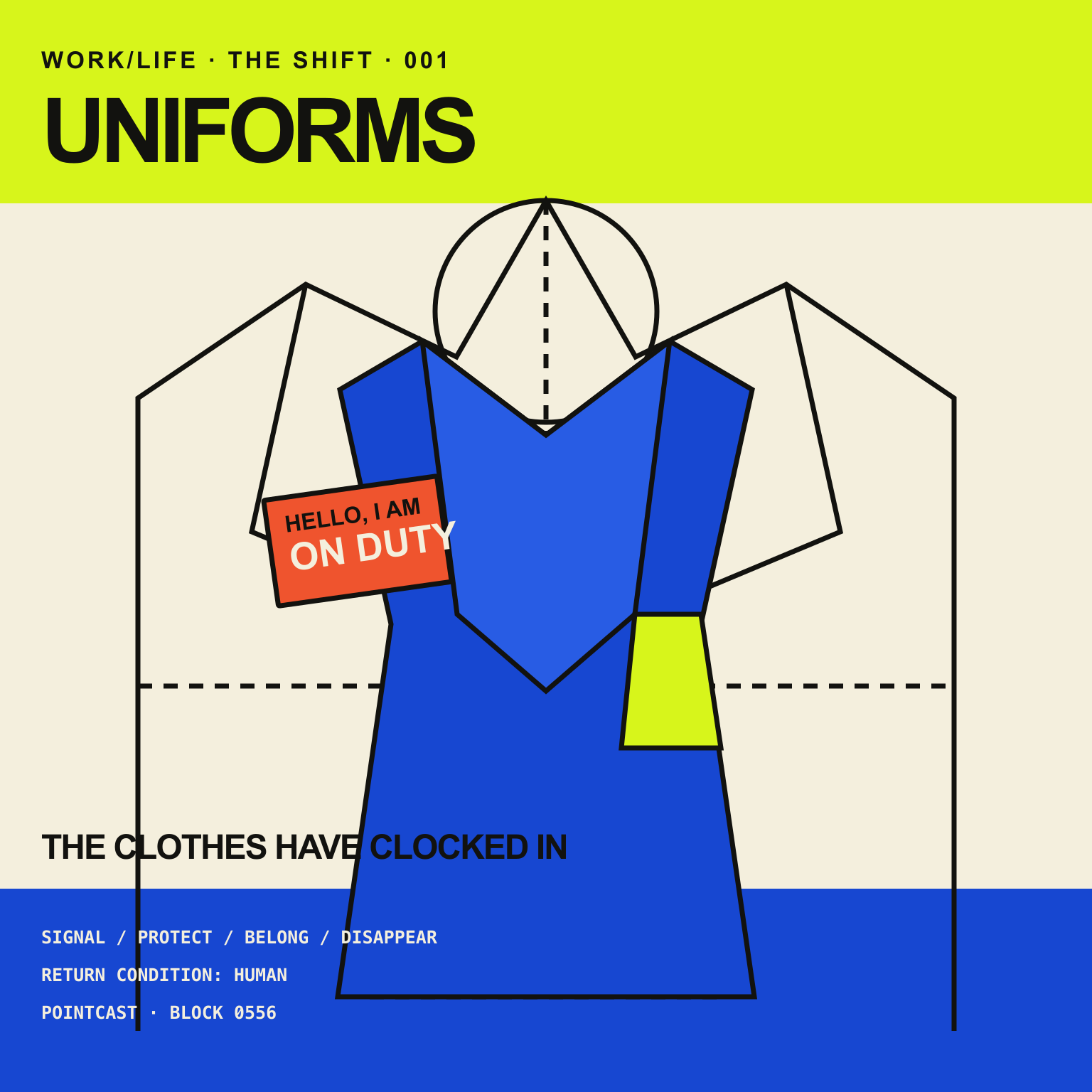 Graphic WORK/LIFE cover made from garment pattern lines, a cobalt work jacket, chartreuse safety panel, orange name badge, and clothing-label typography