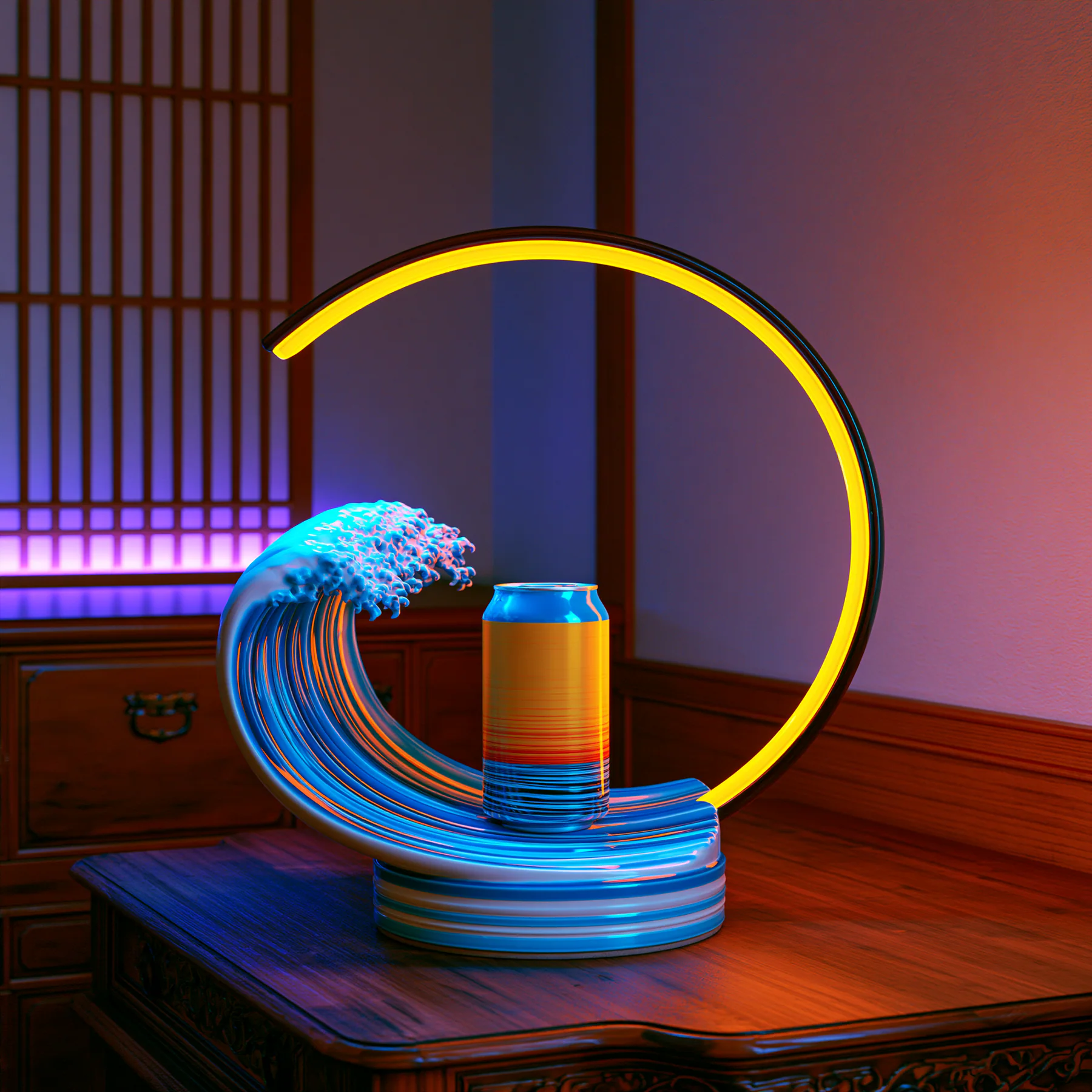 A circular neon wave pedestal wrapping around a can in a dark room