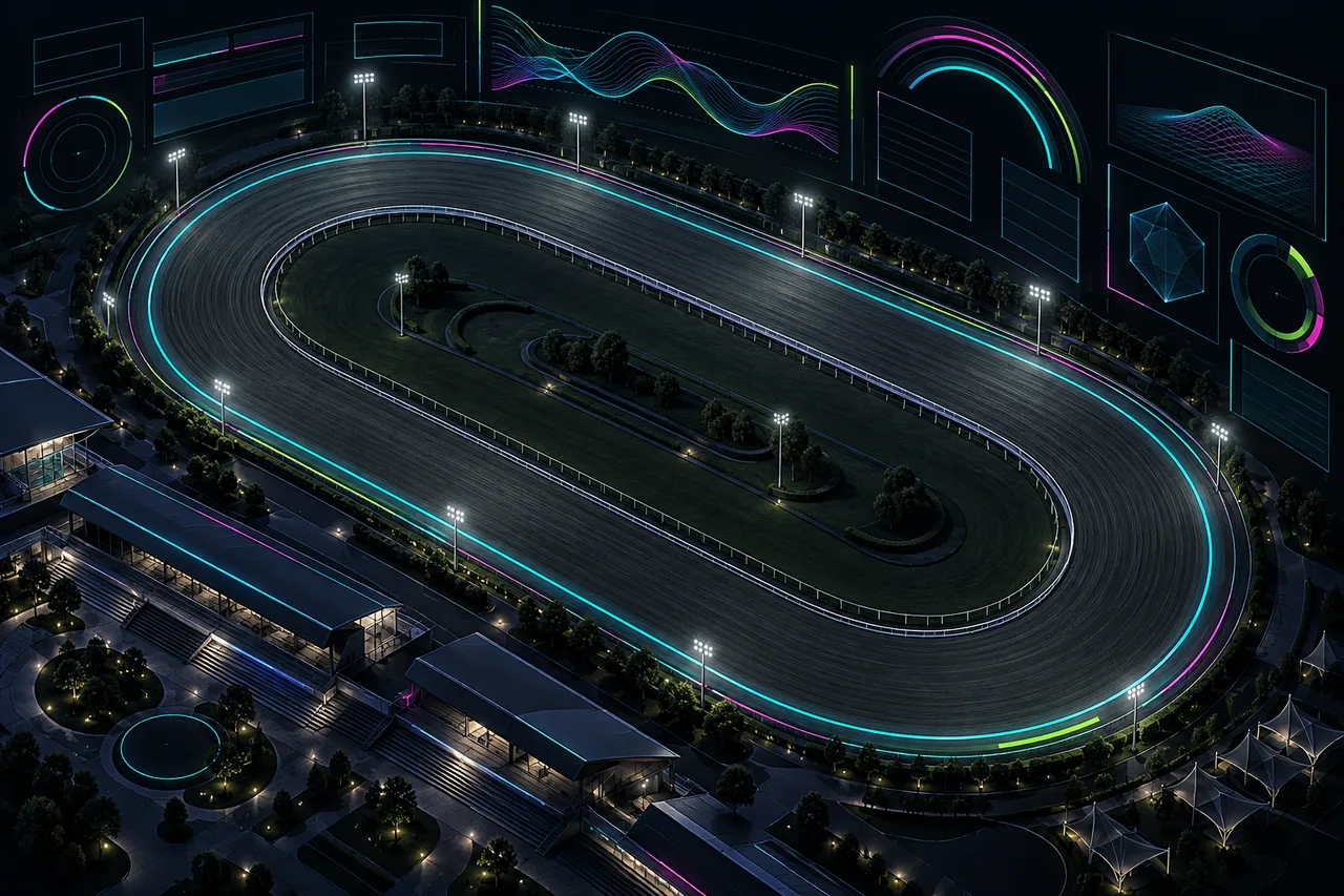 A dark oval track surrounded by abstract colored telemetry bands.