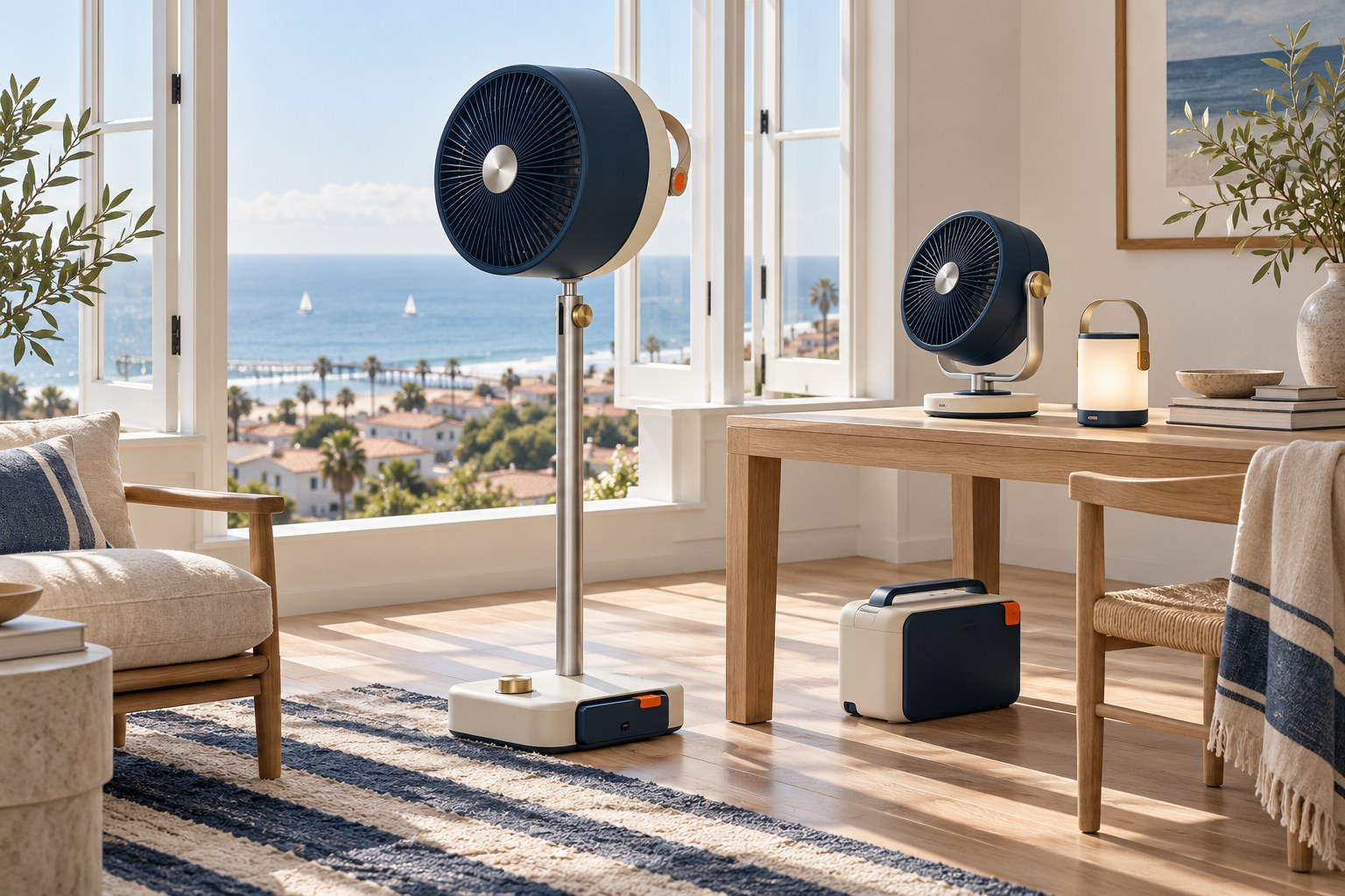 Navy and cream pedestal fan, desk fan, lantern and compact battery in a bright coastal apartment