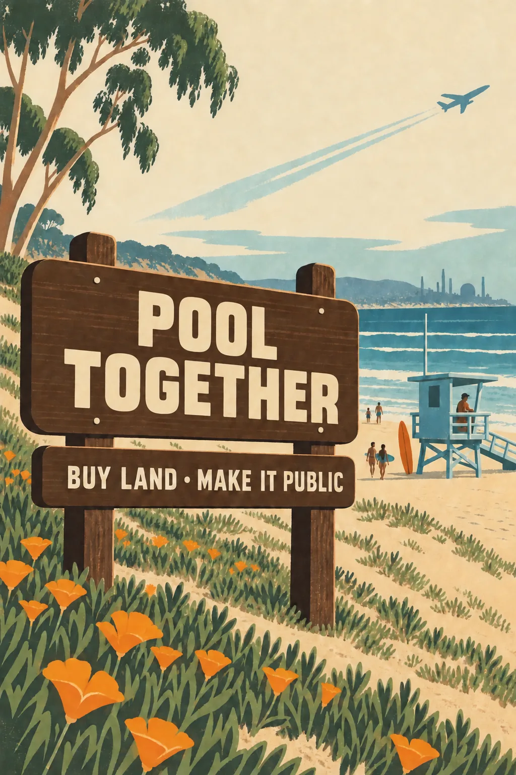 A routed wooden park sign on an ice-plant dune reading POOL TOGETHER, BUY LAND · MAKE IT PUBLIC, with a lifeguard tower and a jet climbing over the beach.