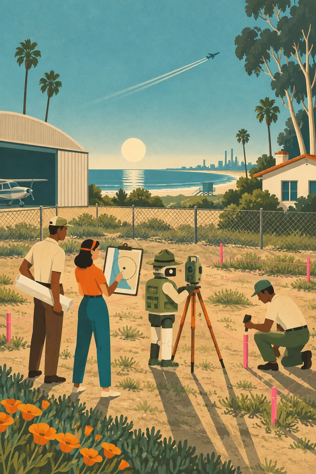 A survey crew and a ranger robot with a tripod and pink stakes on a vacant chain-link lot between a hangar and a bungalow, the ocean beyond.