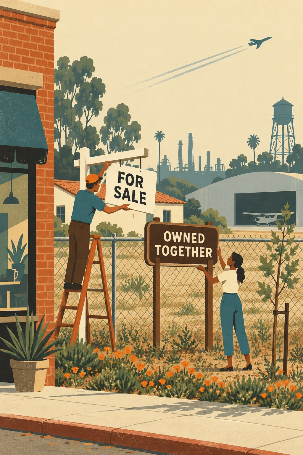 A worker on a ladder takes down a FOR SALE placard while another raises a routed brown plaque reading OWNED TOGETHER over a chain-link lot.
