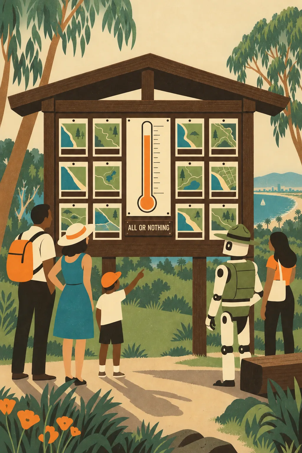 A trailhead kiosk pinned with parcel cards and a poppy-orange thermometer just under the top mark, a small sign reading ALL OR NOTHING, a family and a ranger robot reading it.