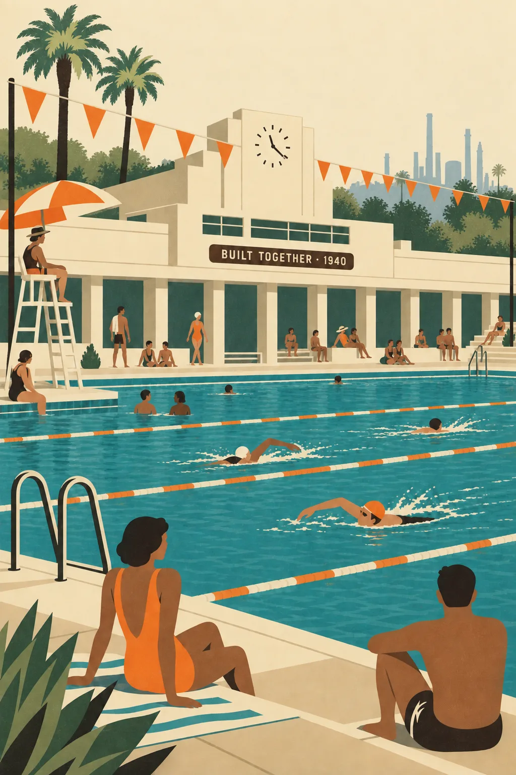 A 1940s public swim stadium with a clock tower and pennants, swimmers in lanes, and a plaque reading BUILT TOGETHER · 1940.