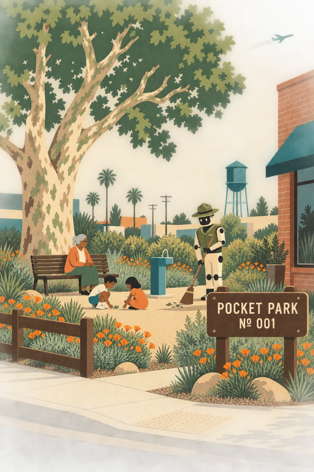 The same corner lot transformed into a pocket park with a sycamore, a bench, poppies, a drinking fountain, kids, a grandparent, and a ranger robot sweeping, the sign reading POCKET PARK № 001.