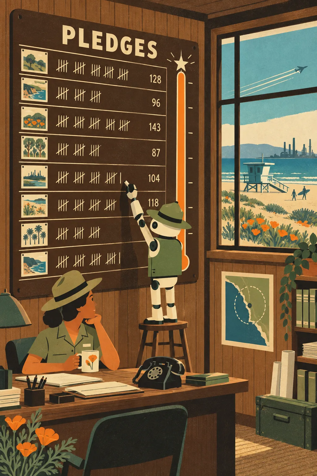 Inside a ranger station, a ranger robot on a stool chalks tally marks on a big brown PLEDGES board while a ranger drinks coffee at a desk with a rotary phone.