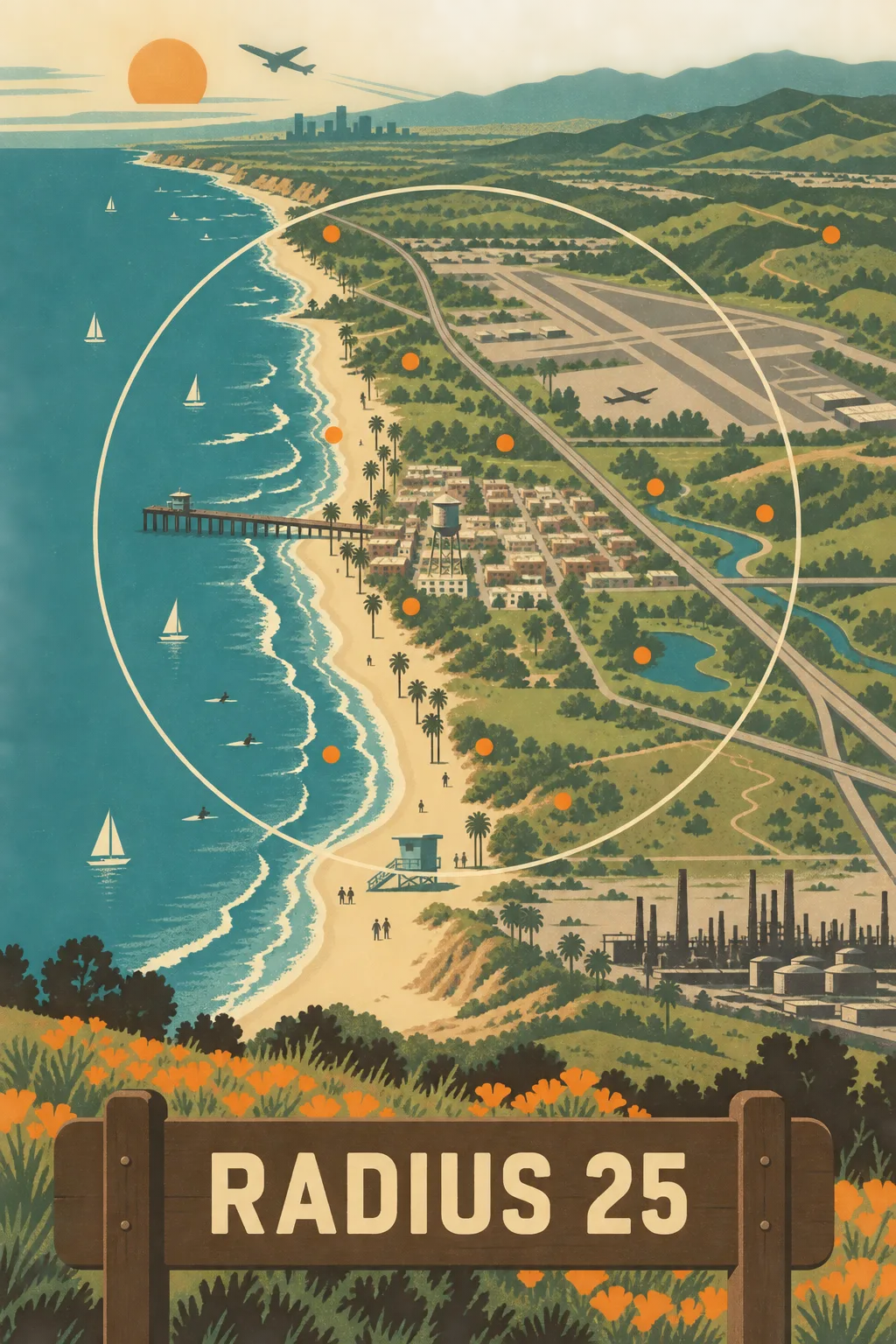 A park-brochure aerial of a coastline, a small beach town, an airport, and a refinery, with one thin cream ring drawn over the map and orange dots for parks, captioned RADIUS 25.