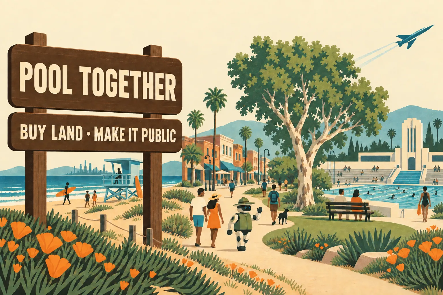 Wide banner: the POOL TOGETHER sign at left, then a dune, a brick main street, a pocket park, the swim stadium, and a jet climbing out, with a ranger robot walking the path that links them.